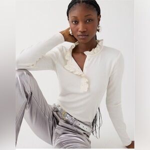 J.Crew Vintage Rib Ruffle Collar Henley Top White Jewel Trim NWT Size S